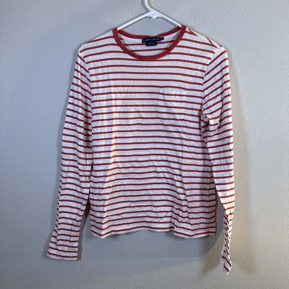 Ralph Lauren White‎ And Pink Vintage Striped Long-sleeved Top Casual L Pocket
